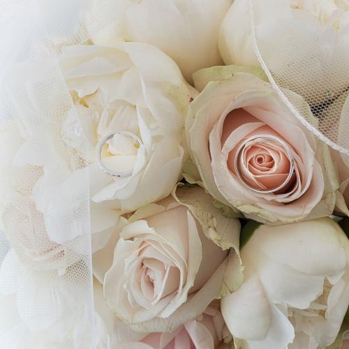 Photo du bouquet de la mariée blanc et alliances